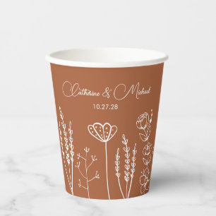 Burnt Orange Wildflower Bohemian Wedding Paper Cups