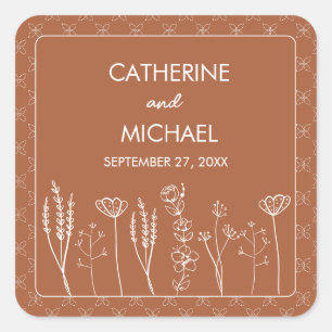 Burnt Orange Wildflower Bohemian Wedding Square Sticker