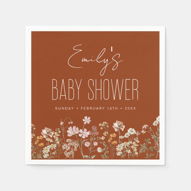 Burnt Orange Wildflower Boho Baby Shower In Bloom Napkin (Front)