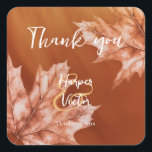 burnt orange with maple leaves accent fall wedding square sticker<br><div class="desc">These autumn wedding thank you stickers feature subtle monochromatic maple leaves accenting a flowing light to dark earthy burnt orange gradient background - by katz_d_zynes</div>