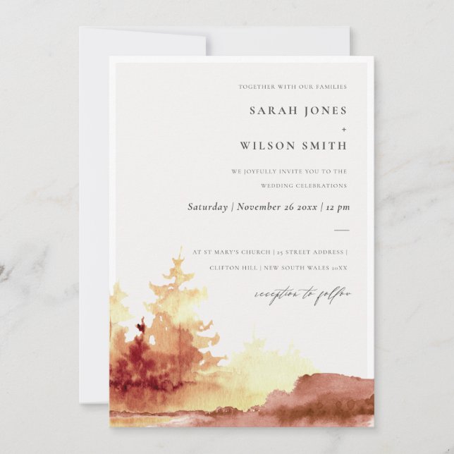 Burnt Orange Yellow Fall Trees Wedding Invite (Front)