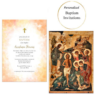 Burnt Orange Yellow Sunset Colours Orthodox Baptis Invitation