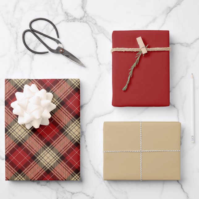 Burnt Red Beige Modern Scottish Tartan Christmas Wrapping Paper Sheet (Front)