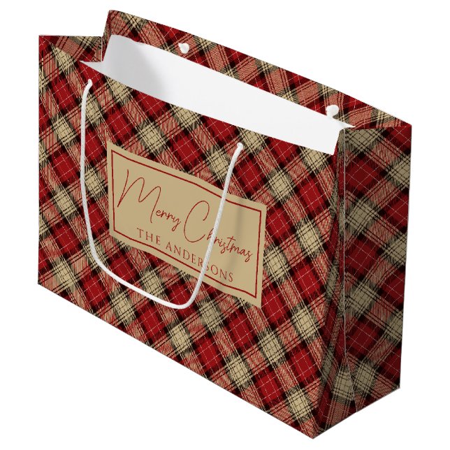Burnt Red Beige Rustic Scottish Tartan Christmas Large Gift Bag (Front Angled)