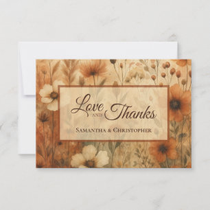 Burnt Sienna Boho Chic Floral Love Thanks Wedding Thank You Card
