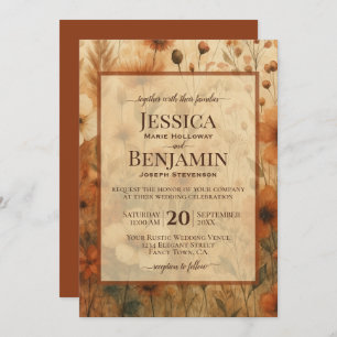 Burnt Sienna Boho Chic Wildflowers Stylish Wedding Invitation