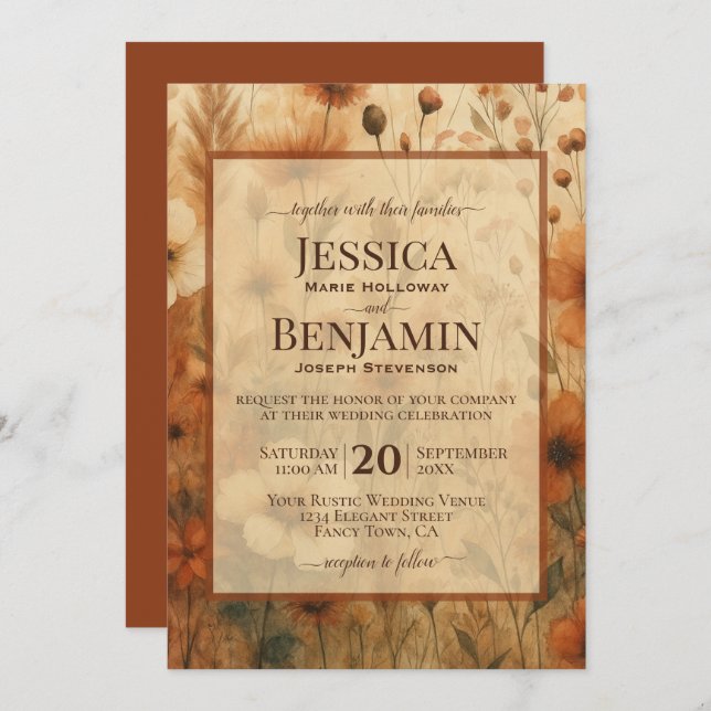 Burnt Sienna Boho Chic Wildflowers Stylish Wedding Invitation (Front/Back)