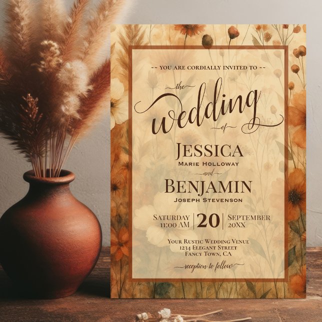 Burnt Sienna Boho Floral Stylish Script Wedding Invitation (Creator Uploaded)