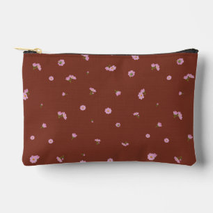 Burnt Sienna Japanese Pink Cosmos Floral Pattern Accessory Pouch
