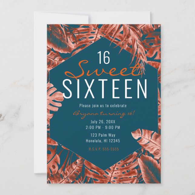 Burnt Sienna & Teal Tropical Palm Leaves Sweet 16 Invitation (Front)