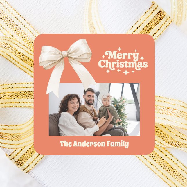 Burnt terracotta photo cream bow retro Christmas Square Sticker (Creator Uploaded)