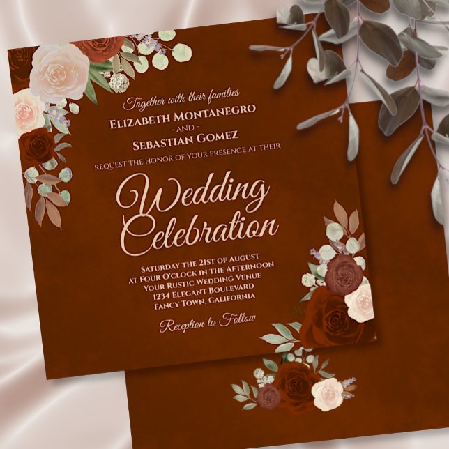 Burnt Umber Elegant Rust & Coral Roses Wedding Invitation (Creator Uploaded)