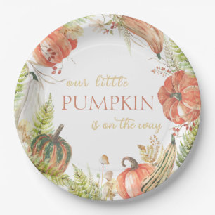 Burnt Watercolor Pumpkin Fall Floral Baby Shower Paper Plate