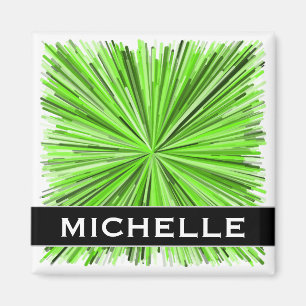 Burst of Green Lines Pattern + Custom Name Magnet
