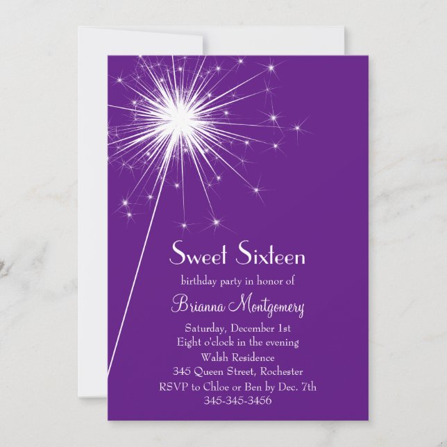 Burst of Sparkles Sweet Sixteen Invitation purple (Front)
