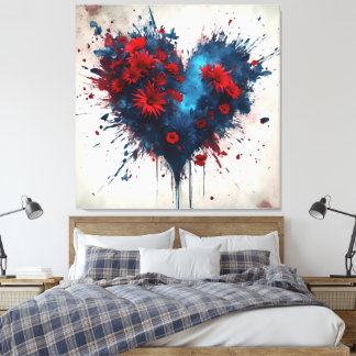 Bursting Blue Heart with Red Flowers Canvas Print