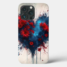 Bursting Blue Heart with Red Flowers