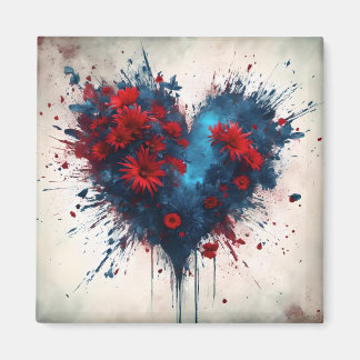 Bursting Blue Heart with Red Flowers Magnet