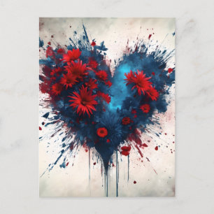 Bursting Blue Heart with Red Flowers Postcard