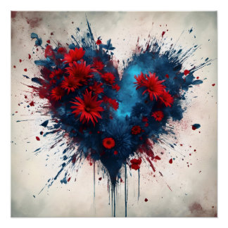 Bursting Blue Heart with Red Flowers Poster