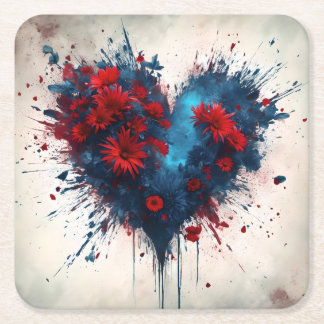 Bursting Blue Heart with Red Flowers Square Paper Coaster