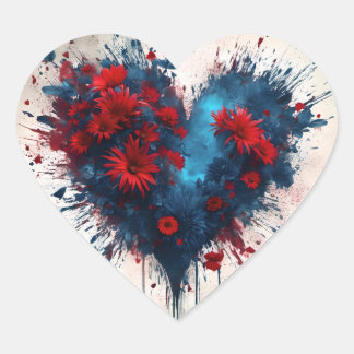 Bursting Blue Heart with Red Flowers Sticker