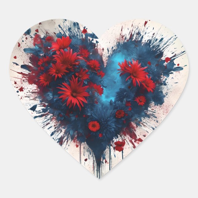 Bursting Blue Heart with Red Flowers Sticker (Front)