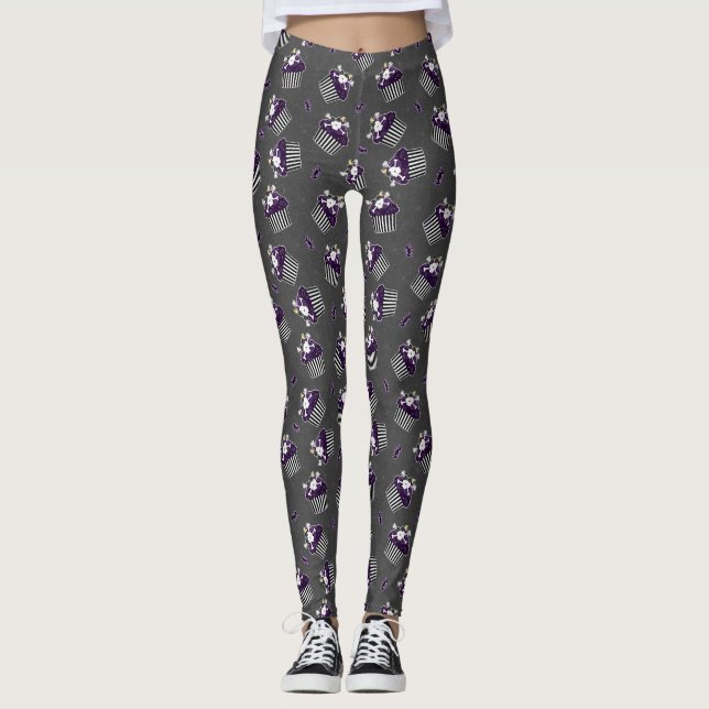 Burtonesque Skull Cupcake and Bats Leggings (Front)