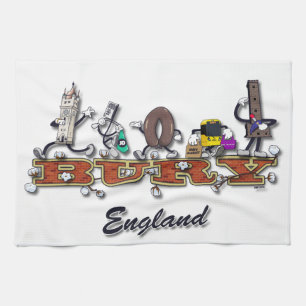 Bury cartoon characters tea towel