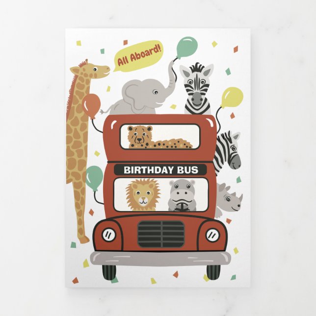 Bus and Animals Tri-fold Birthday Card with Games (Cover)