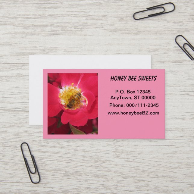 Bus. Card - Honey Bee on Pink Flower (Front/Back In Situ)