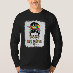Bus Driver Life Messy Bun Women Leopard  Bus Drive T-Shirt