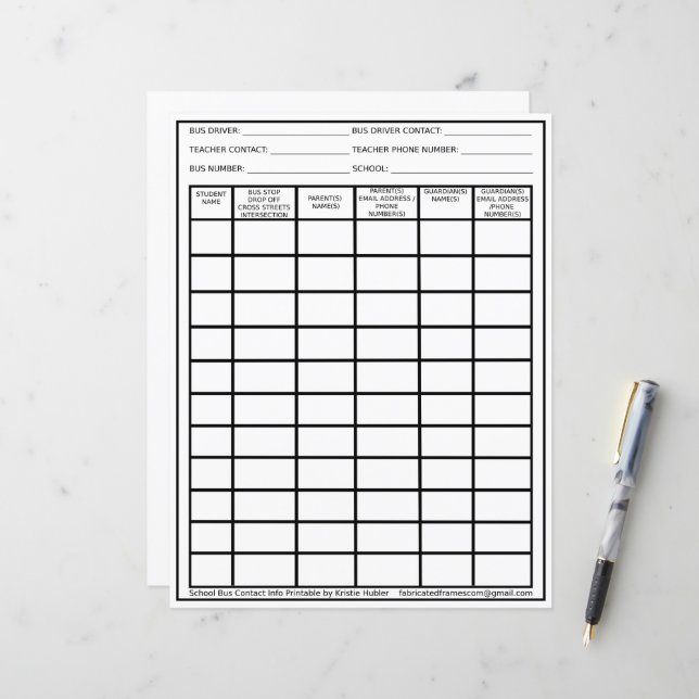 Bus Driver Student List Printable Contact Info (Front/Back In Situ)
