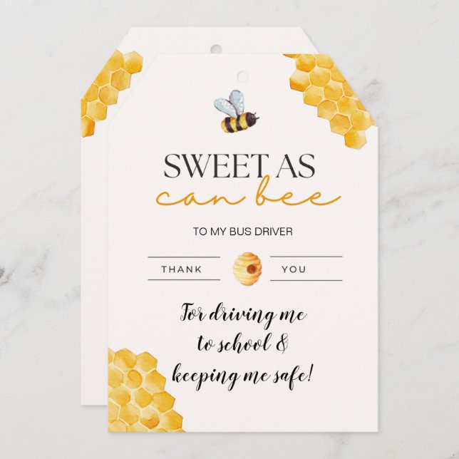 Bus Driver Sweet As Can Bee Thank You Card (Front/Back)