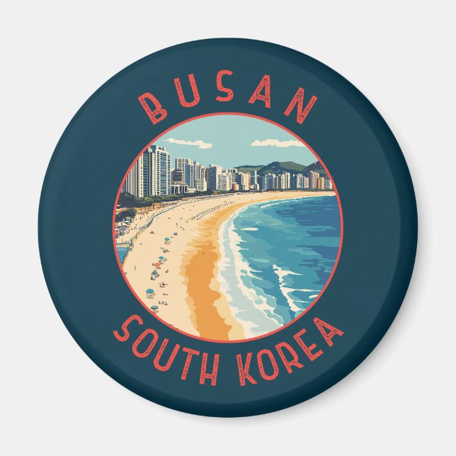 Busan Haeundae Beach Retro Distressed Circle Magnet (Front)