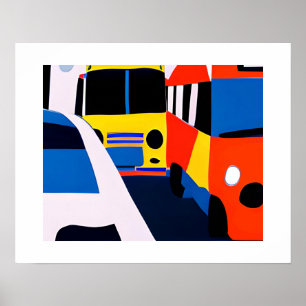 Buses and Cars in Primary Colours Print