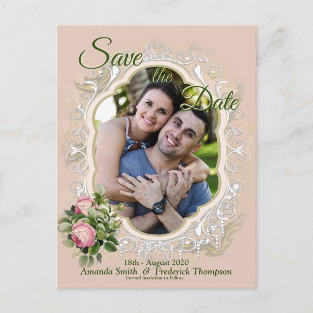 Bush Garden Green - Soft Pink Roses Save the Date Announcement Postcard (Front)