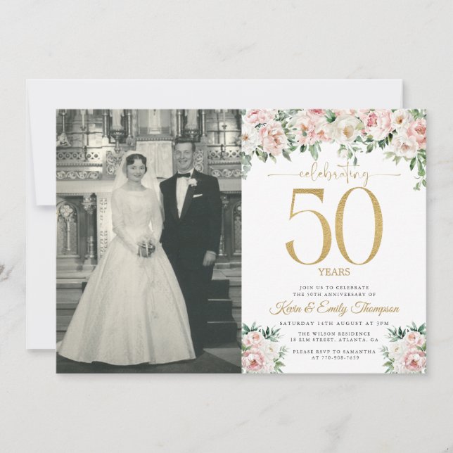 Bush Pink Floral 50th Anniversary  Invitation (Front)