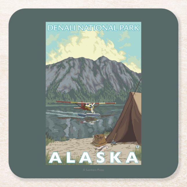 Bush Plane & Fishing - Denali Nat'l Park, Square Paper Coaster (Front)