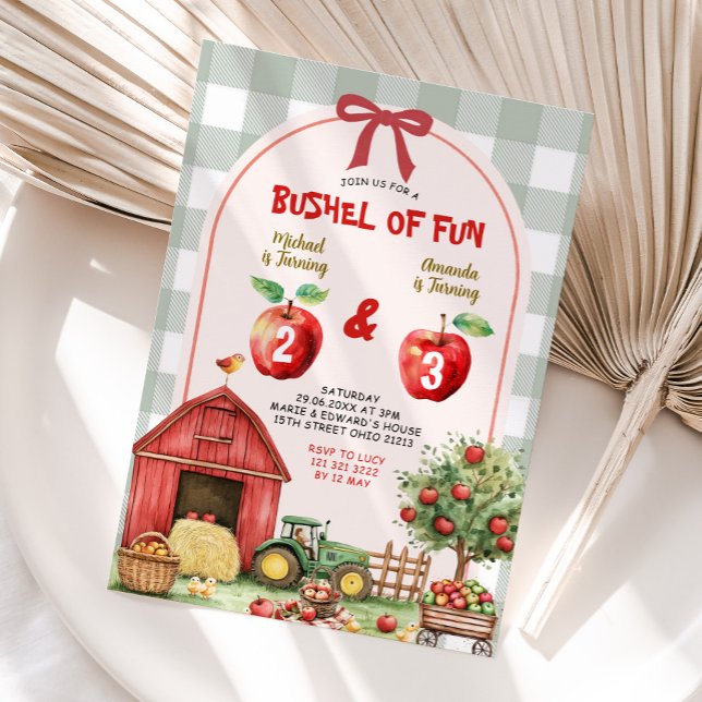 Bushel of Fun Apple Sibling Birthday Gingham Party Invitation (Creator Uploaded)