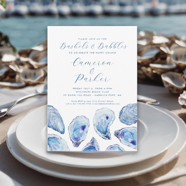 Bushels and Bubbles Oyster Blue Watercolor  Invitation (Bushels and Bubbles Oyster Roast Invitation with blue watercolor oyster shells from Concertina Press)