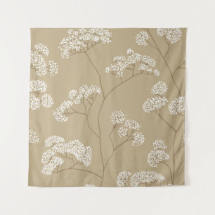 Bushes of small white flowers in beige color palet tapestry