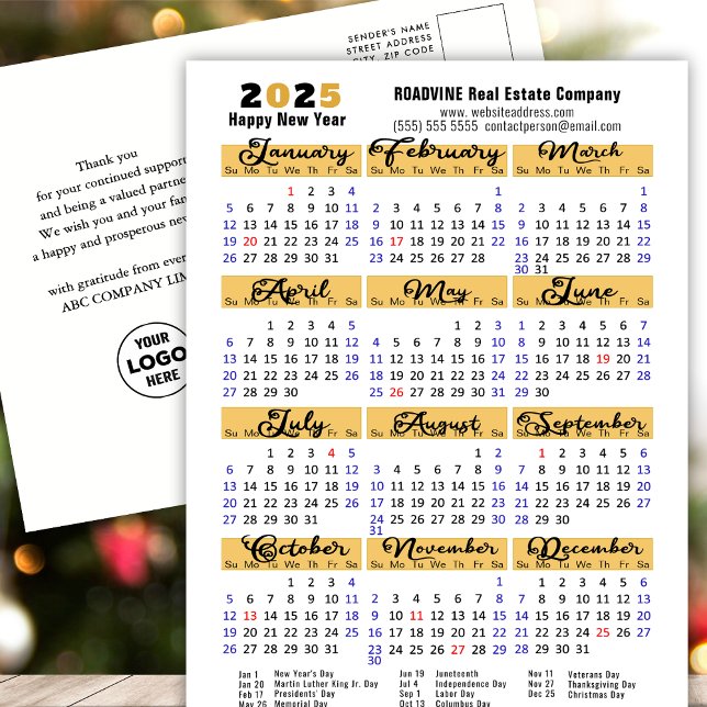 Business 2025 Calendar Modern Black Script Simple Holiday Postcard (Creator Uploaded)