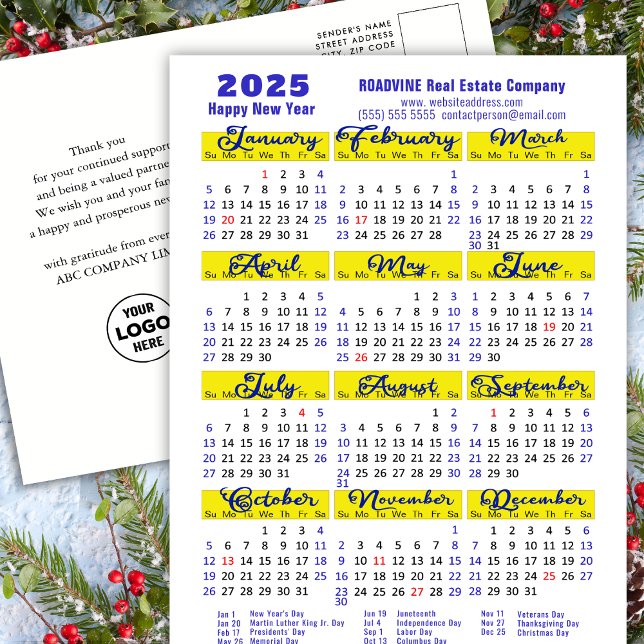 Business 2025 Calendar Modern Blue Script Simple Holiday Postcard (Creator Uploaded)
