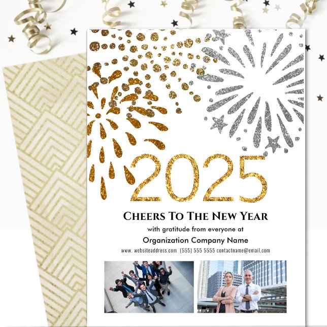 Business 2025 Festive Fireworks Modern Black Gold Holiday Card (Creator Uploaded)