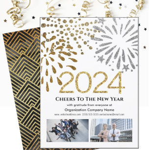 Business 2025 Festive Fireworks Modern Black Gold Holiday Card