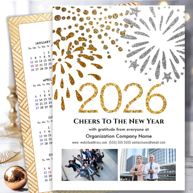 Business 2026 Calendar Festive Fireworks Gold Holiday Card (Creator Uploaded)