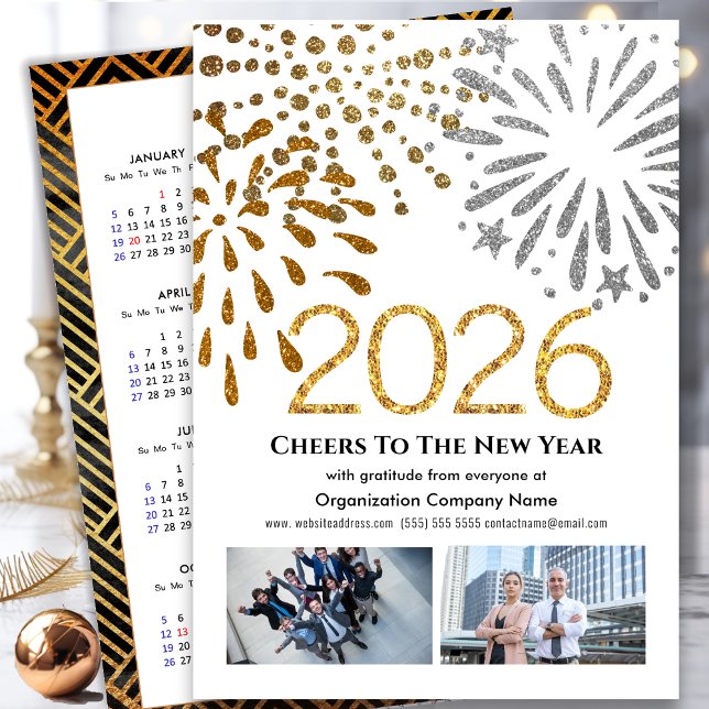 Business 2026 Calendar Festive Fireworks Gold Holiday Card (Creator Uploaded)