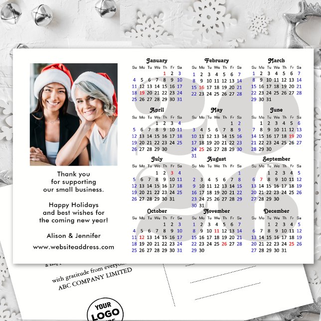 Business 2026 Calendar Minimalist Silver Glitter Holiday Postcard (Creator Uploaded)