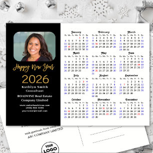 Business 2026 Calendar Modern Black Gold Glitter Holiday Postcard